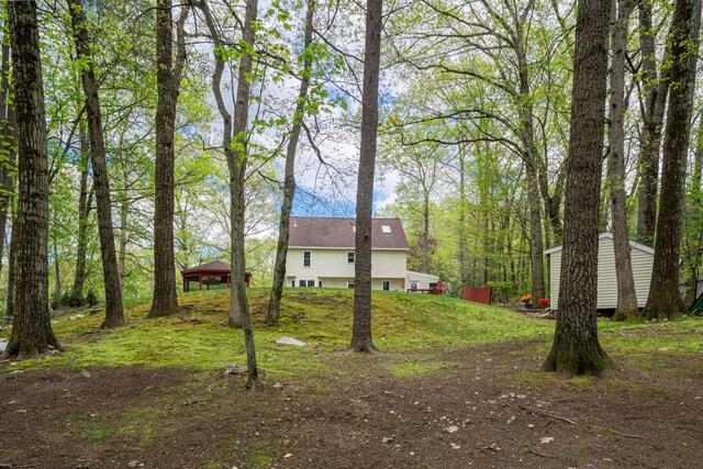 view of yard with an outdoor structure and a shed