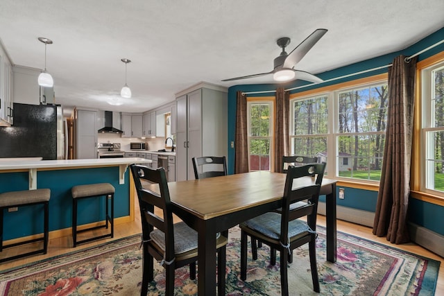 dining room with wood finished floors, a ceiling fan, and baseboards