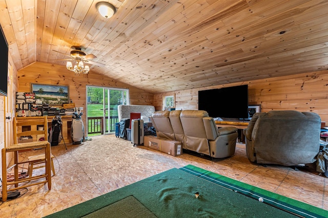 17 Dyson Dr, Salem, NH 03079 - playroom with wood walls, vaulted ceiling, and a ceiling fan