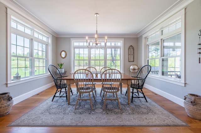 dining room with crown molding, a chandelier, baseboards, and wood finished floors