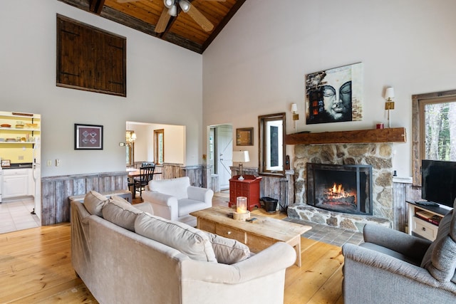 67 Birch Tree Ln, Fayston, VT 05673 - living area with wooden ceiling, high vaulted ceiling, light wood-style flooring, a fireplace, and ceiling fan