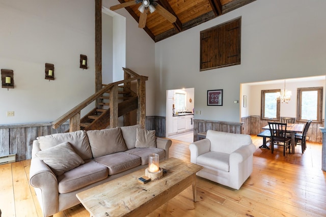 67 Birch Tree Ln, Fayston, VT 05673 - living room featuring high vaulted ceiling, wooden ceiling, a chandelier, beamed ceiling, and wainscoting