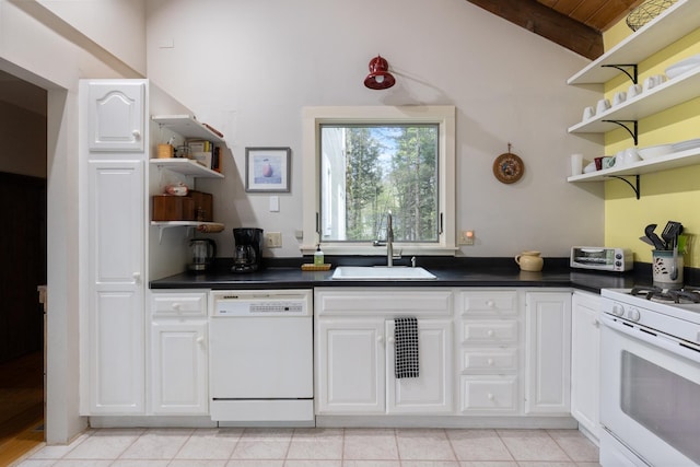 67 Birch Tree Ln, Fayston, VT 05673 - kitchen featuring white appliances, open shelves, a sink, dark countertops, and white cabinets