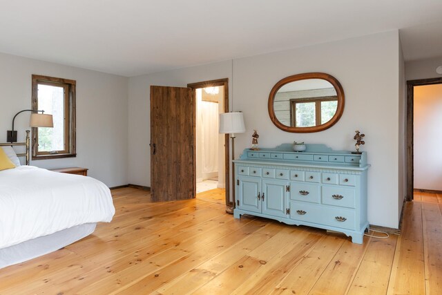 67 Birch Tree Ln, Fayston, VT 05673 - bedroom featuring light wood-type flooring, multiple windows, ensuite bath, and baseboards