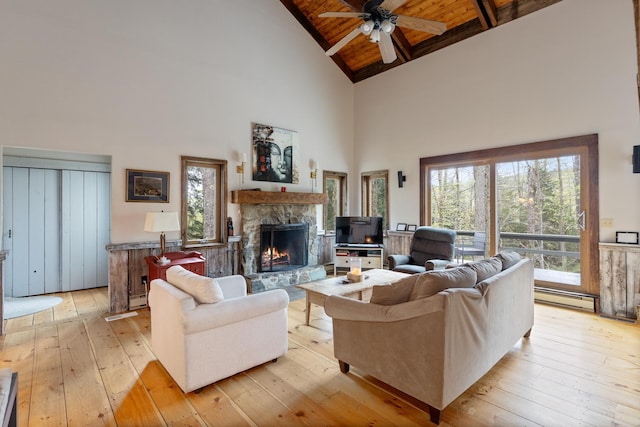 67 Birch Tree Ln, Fayston, VT 05673 - living area featuring a baseboard heating unit, high vaulted ceiling, wooden ceiling, light wood-type flooring, and a ceiling fan