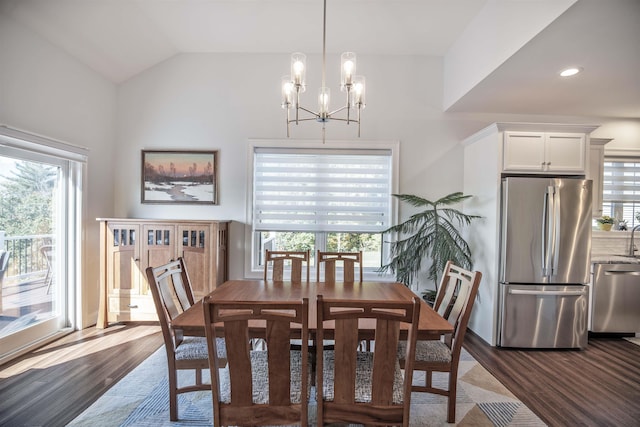 20 Del Ray Dr, Windham, NH 03087 - dining space with plenty of natural light, dark wood finished floors, a chandelier, vaulted ceiling, and recessed lighting