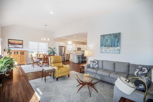 20 Del Ray Dr, Windham, NH 03087 - living room with dark wood-style floors, a chandelier, recessed lighting, and lofted ceiling