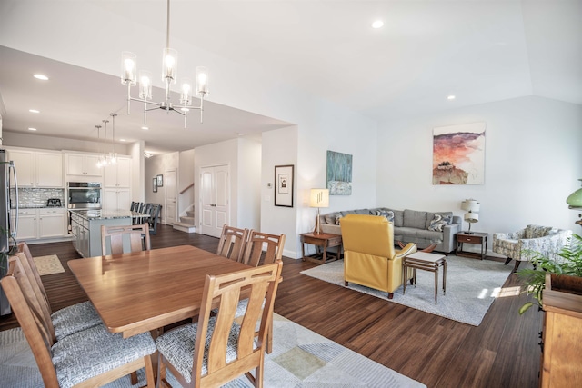 20 Del Ray Dr, Windham, NH 03087 - dining room with stairway, a chandelier, dark wood finished floors, recessed lighting, and baseboards