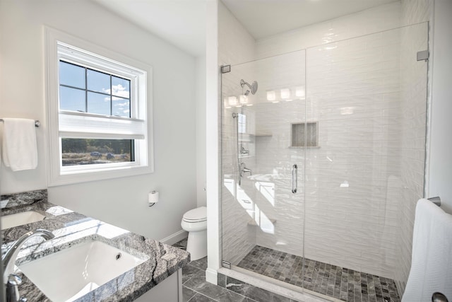 20 Del Ray Dr, Windham, NH 03087 - bathroom with toilet, a shower stall, double vanity, marble finish floors, and baseboards
