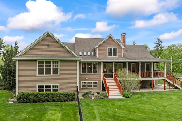 rear view of property featuring stairs, a chimney, and a yard