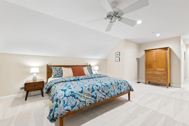 bedroom with light carpet, a ceiling fan, baseboards, recessed lighting, and lofted ceiling