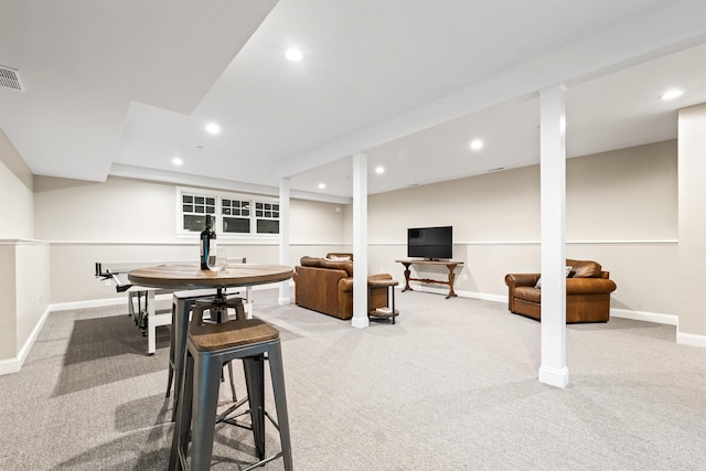 rec room with carpet flooring, recessed lighting, and baseboards