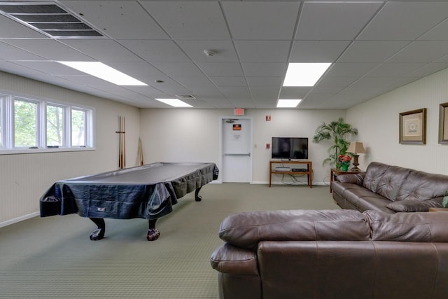 rec room with carpet floors, billiards table, baseboards, and a paneled ceiling