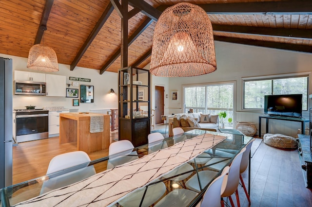 dining area with wood ceiling, a chandelier, beamed ceiling, light wood-style flooring, and high vaulted ceiling