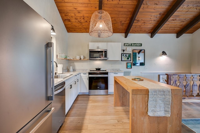 kitchen featuring stainless steel appliances, wooden ceiling, light wood finished floors, wooden counters, and white cabinetry