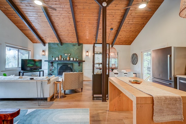 kitchen featuring wood ceiling, freestanding refrigerator, ceiling fan, butcher block counters, and beamed ceiling