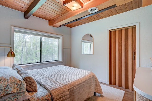 bedroom featuring wooden ceiling, beamed ceiling, and wood finished floors