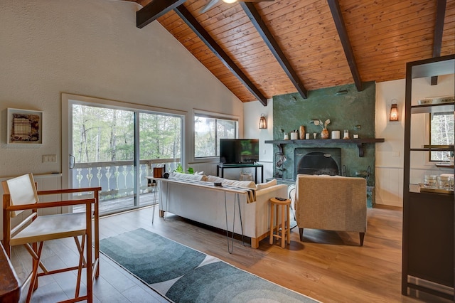 living area featuring wood ceiling, beamed ceiling, hardwood / wood-style flooring, a large fireplace, and high vaulted ceiling