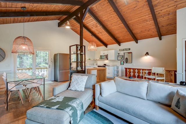 living room featuring wooden ceiling, light wood-style flooring, beam ceiling, and high vaulted ceiling