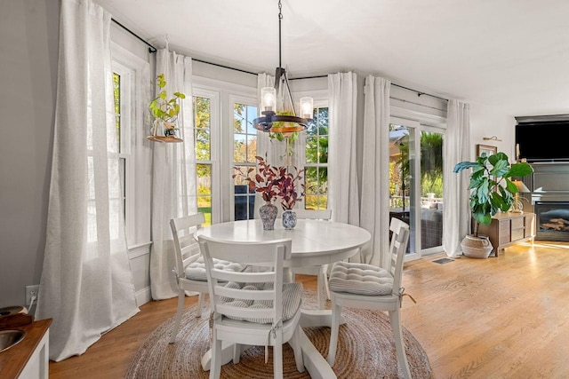 dining room with a chandelier, wood finished floors, and plenty of natural light