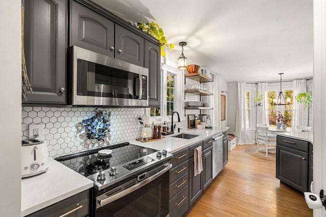 kitchen featuring appliances with stainless steel finishes, a sink, decorative backsplash, and light countertops