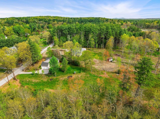 view of subject property featuring a heavily wooded area