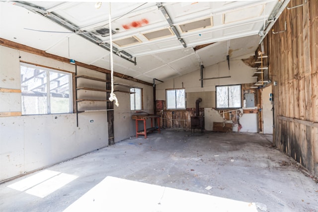 garage featuring a wood stove
