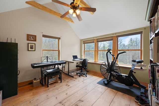 153 Wood Rd, Middlesex, VT 05682 - office with light wood-style floors, a ceiling fan, and high vaulted ceiling