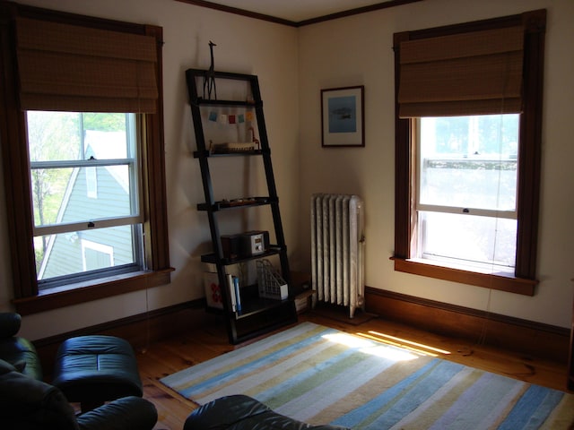 bedroom featuring radiator heating unit, wood finished floors, baseboards, and crown molding