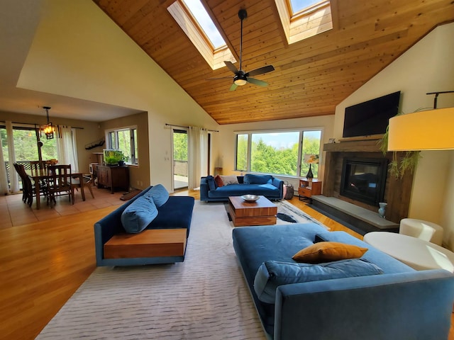 644 Methodist Hill Rd, Enfield, NH 03748 - living area featuring high vaulted ceiling, a glass covered fireplace, a skylight, wood finished floors, and wooden ceiling