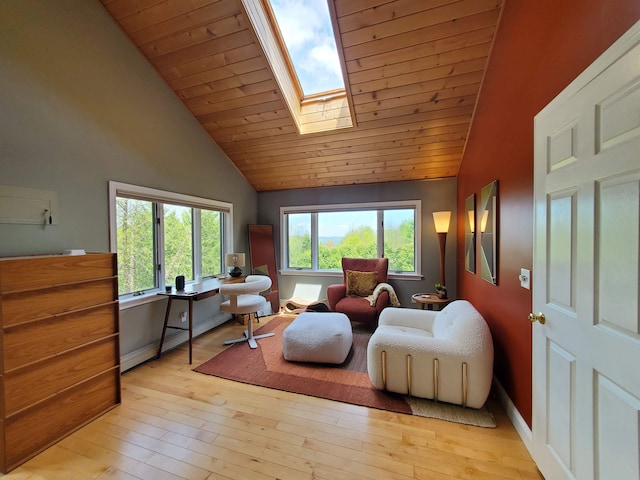 644 Methodist Hill Rd, Enfield, NH 03748 - living area featuring high vaulted ceiling, wooden ceiling, a skylight, light wood finished floors, and an office area