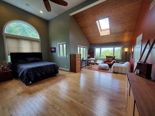 644 Methodist Hill Rd, Enfield, NH 03748 - bedroom with high vaulted ceiling, a skylight, light wood-type flooring, baseboards, and recessed lighting