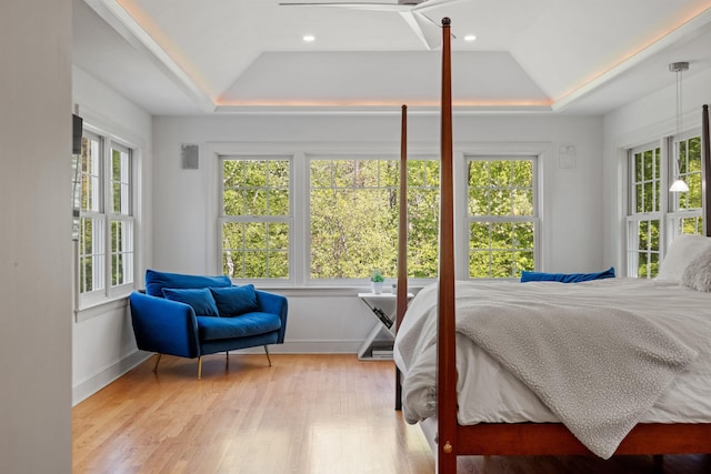 bedroom with a tray ceiling, wood finished floors, baseboards, and recessed lighting