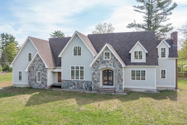 view of front of property with stone siding, entry steps, a front lawn, french doors, and a chimney