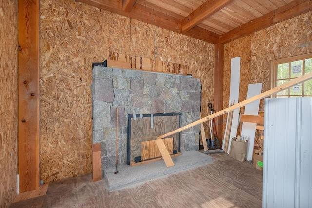 interior space with wood ceiling and a fireplace