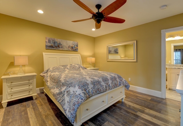 bedroom with dark wood-style floors, baseboards, recessed lighting, and a ceiling fan