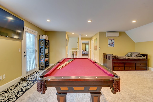 rec room featuring carpet, an AC wall unit, recessed lighting, baseboards, and pool table