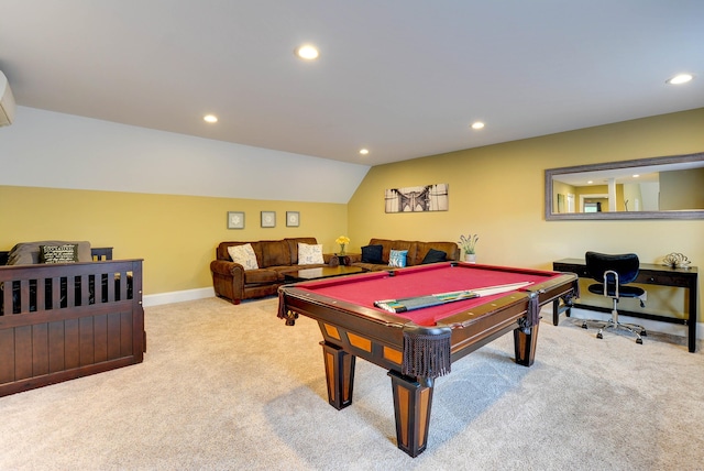 game room featuring recessed lighting, carpet, vaulted ceiling, billiards, and baseboards