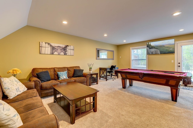 rec room with carpet floors, recessed lighting, healthy amount of natural light, pool table, and vaulted ceiling
