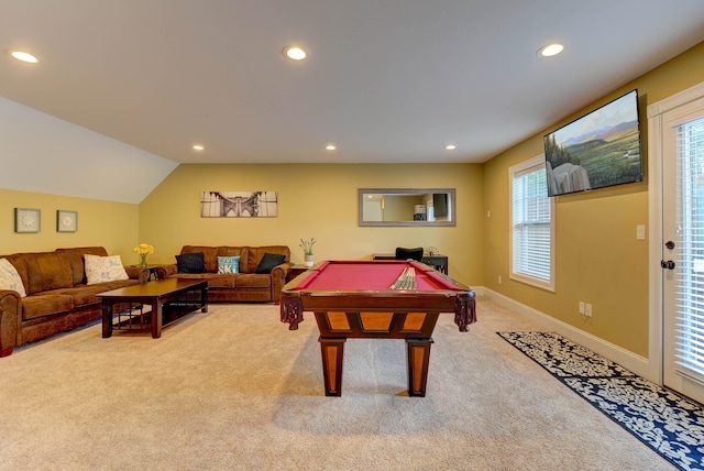 recreation room featuring recessed lighting, light colored carpet, healthy amount of natural light, billiards table, and baseboards
