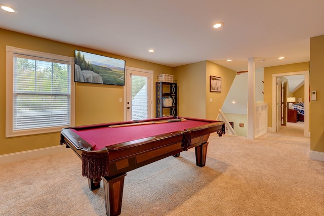 game room with carpet, recessed lighting, healthy amount of natural light, and baseboards