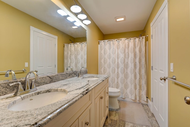 full bathroom with toilet, double vanity, and a shower with shower curtain