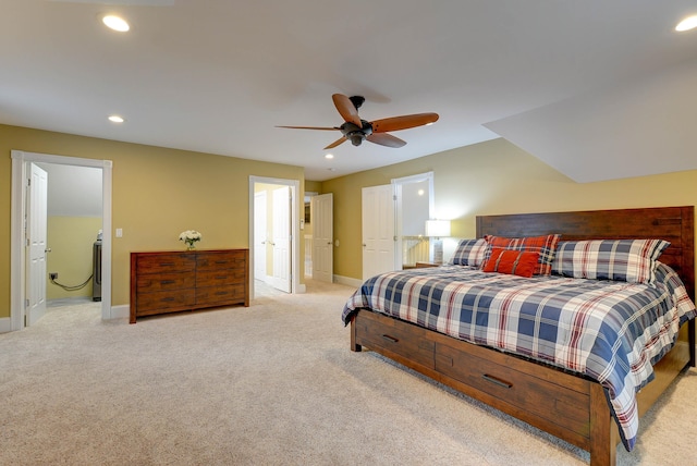 bedroom featuring light colored carpet, recessed lighting, baseboards, and a ceiling fan