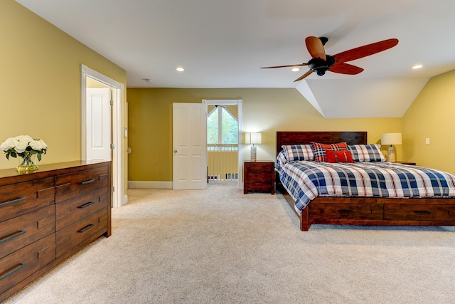 bedroom with light colored carpet, recessed lighting, baseboards, a ceiling fan, and lofted ceiling