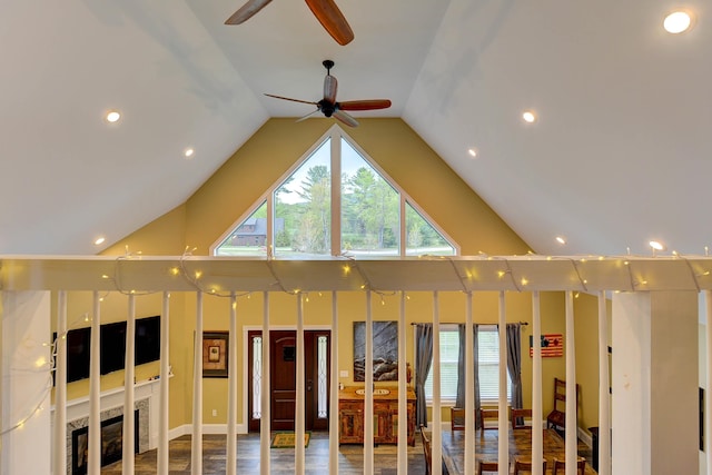 misc room featuring a ceiling fan, recessed lighting, and high vaulted ceiling