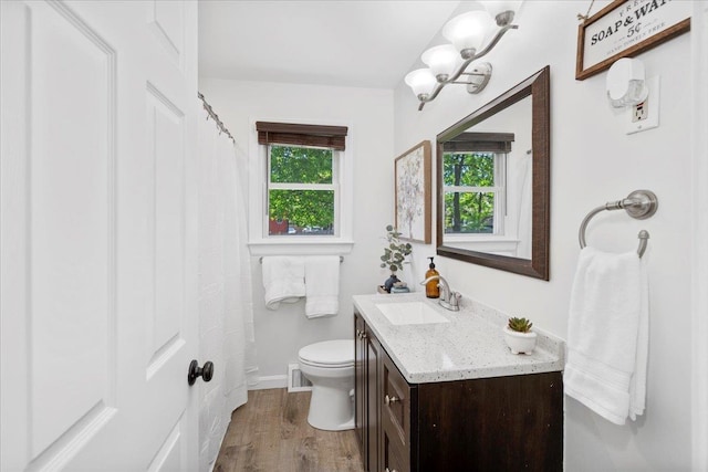 full bathroom featuring vanity, wood finished floors, and toilet