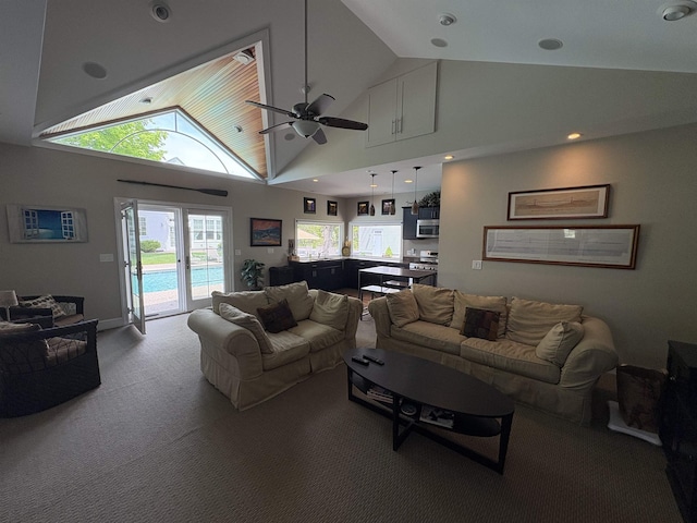 28-28A Ridge Rd, Hollis, NH 03049 - living area featuring carpet flooring, plenty of natural light, high vaulted ceiling, a ceiling fan, and recessed lighting