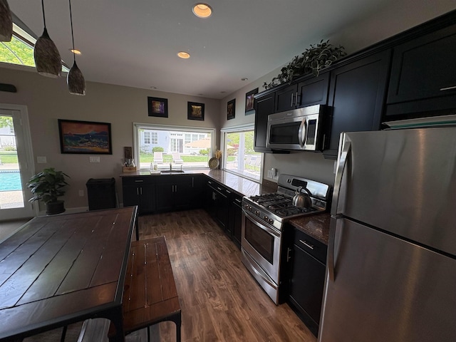 28-28A Ridge Rd, Hollis, NH 03049 - kitchen with appliances with stainless steel finishes, a sink, dark cabinets, wood finished floors, and plenty of natural light