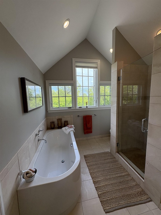 28-28A Ridge Rd, Hollis, NH 03049 - bathroom featuring a garden tub, a shower stall, vaulted ceiling, tile patterned flooring, and recessed lighting