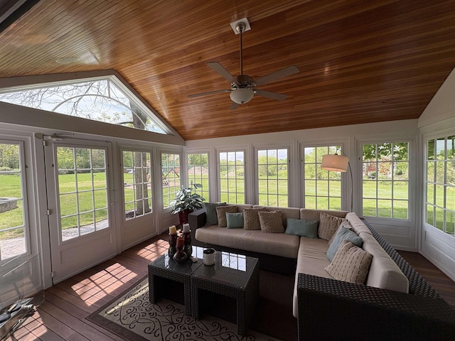 28-28A Ridge Rd, Hollis, NH 03049 - sunroom with vaulted ceiling, french doors, wood ceiling, hardwood / wood-style flooring, and a wooden deck